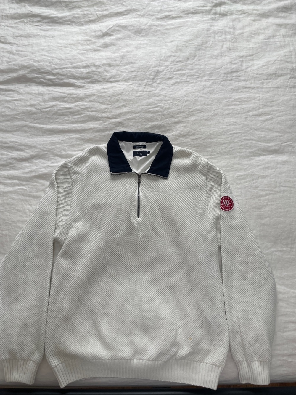 Holebrook Men's White Half-Zip Sweater with Navy Contrast Collar